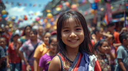 A smiling Thai girl wrapped in the Thai flag outdoors on National Children's Day