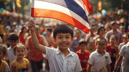 Smiling Thai boy waving Thailand flag outdoors on National Children&rsquo;s Day