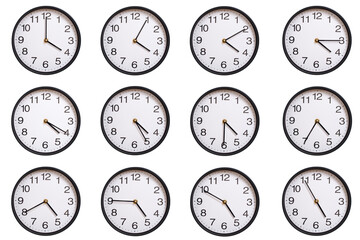 Collection of twelve round wall clocks showing 04:00 to 04:55 or 16:00 to 16:55, isolated on white background. Concept of time management, global time zones, scheduling, and business planning.