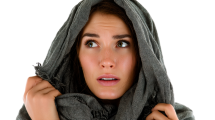 Woman with Gray Fabric Covering Head Looking Away