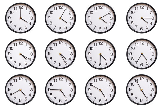 Collection of twelve round wall clocks showing 04:00 to 04:55 or 16:00 to 16:55, isolated on white background. Concept of time management, global time zones, scheduling, and business planning.