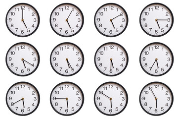 Collection of twelve round wall clocks showing 05:00 to 05:55 or 17:00 to 17:55, isolated on white background. Concept of time management, global time zones, scheduling, and business planning.