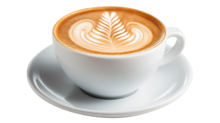 Latte coffee with foam art in a white cup and saucer
