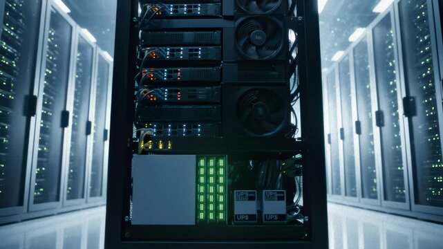 Data Server Rack Operating in Data Center, Close-Up and Wide Shots