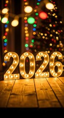 Glowing 2026 marquee numbers on wooden table with festive bokeh lights, Christmas tree, bright New Year celebration
