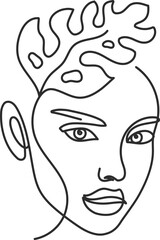 Female face line with flowers. Continuous lines art with woman minimalist portraits with bouquet in hairs. Fashion beauty logo vector set