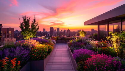 Vibrant Rooftop Garden during Sunset: Panoramic City Skyline View, Colorful Plants and Flowers, Wooden Deck, and Warm Glow