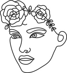 Female face line with flowers. Continuous lines art with woman minimalist portraits with bouquet in hairs. Fashion beauty logo vector set