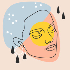 Abstract linear woman face. Beautiful female portraits in continuous line. Fashion art minimalist logo. Modern poster with girl vector set