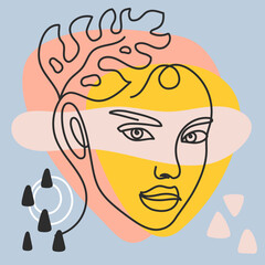 Abstract linear woman face. Beautiful female portraits in continuous line. Fashion art minimalist logo. Modern poster with girl vector set