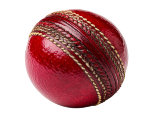 Detailed view of a traditional red leather cricket ball