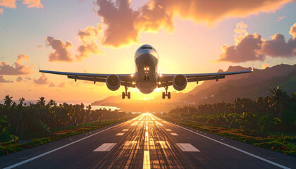 Airplane Taking Off from the Runway During Golden Hour Sunset against a Beautiful Warm Sky for Travel and Business