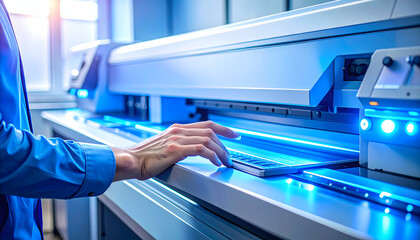 Professional Operating a Modern Printing Machine at an Office Workstation