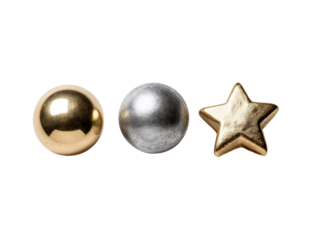 Gold and silver ornaments in star and ball shapes