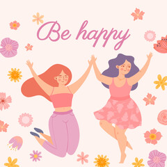 International womens day. Posters with happy dancing woman and spring flowers celebrating 8 march. Cartoon female hold bouquet vector set
