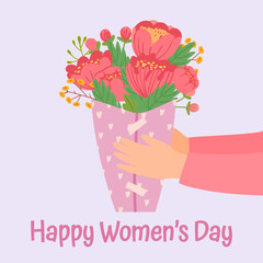 International womens day. Posters with happy dancing woman and spring flowers celebrating 8 march. Cartoon female hold bouquet vector set