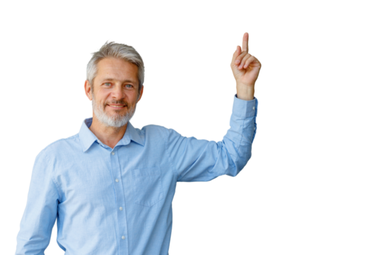Smiling man pointing up showing an idea or direction, finding solution, having advice, suggesting choice, transparent background