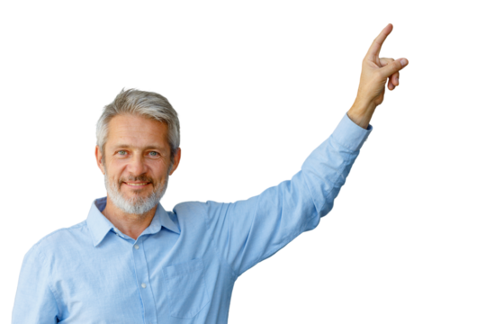 Mature man with grey hair and beard smiling, pointing his finger upwards, indicating direction. Image on a transparent background