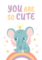Nursery elephant posters. Animal decoration for baby shower and cartoon birthday cards. Elephants and rainbows prints for newborn vector set