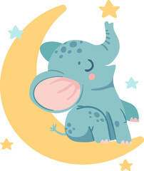 Dreaming elephant. Baby elephants sleep on cloud and moon, catch star or fly over rainbow. Magic animal girl with crown and wings vector set