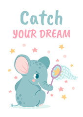 Nursery elephant posters. Animal decoration for baby shower and cartoon birthday cards. Elephants and rainbows prints for newborn vector set