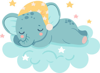 Dreaming elephant. Baby elephants sleep on cloud and moon, catch star or fly over rainbow. Magic animal girl with crown and wings vector set