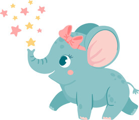 Dreaming elephant. Baby elephants sleep on cloud and moon, catch star or fly over rainbow. Magic animal girl with crown and wings vector set