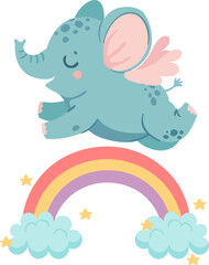 Dreaming elephant. Baby elephants sleep on cloud and moon, catch star or fly over rainbow. Magic animal girl with crown and wings vector set
