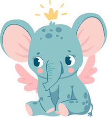 Dreaming elephant. Baby elephants sleep on cloud and moon, catch star or fly over rainbow. Magic animal girl with crown and wings vector set