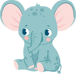 Baby elephants. Cute cartoon animal and tropical leaves. Baby shower elephant slesvg, sits and does water jet. Nursery decoration vector set