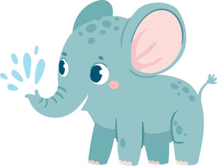 Baby elephants. Cute cartoon animal and tropical leaves. Baby shower elephant slesvg, sits and does water jet. Nursery decoration vector set