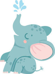 Baby elephants. Cute cartoon animal and tropical leaves. Baby shower elephant slesvg, sits and does water jet. Nursery decoration vector set