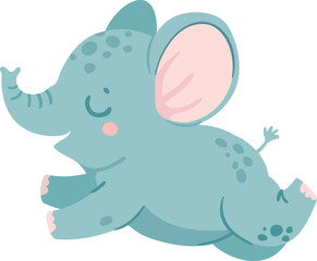 Baby elephants. Cute cartoon animal and tropical leaves. Baby shower elephant slesvg, sits and does water jet. Nursery decoration vector set