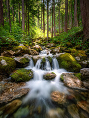 Serene forest stream cascading over moss-covered rocks surrounded by lush greenery and tall trees in a peaceful woodland setting at sunrise