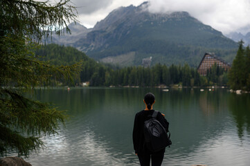Traveler Overlooking Mountain Lake