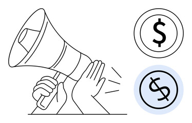 Hand holding a megaphone with sound lines and two circular dollar icons, conveying financial promotion. Ideal for marketing, advertising, finance, communication, awareness campaigns, call to action