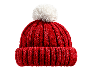 Red knitted beanie with white pom-pom isolated on white