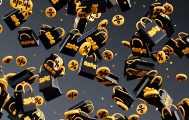 Black Friday 3D illustration featuring black and yellow shopping bags with SALE word and percentage symbols falling on a dark background