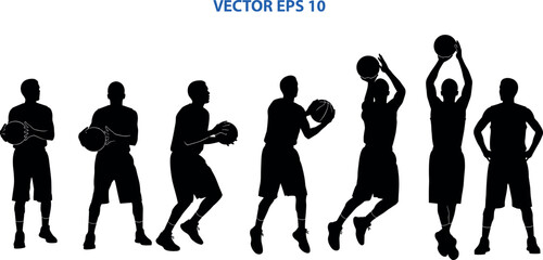 Basketball jump shot sequence, player silhouette in motion, black vector illustration, athletic form, sports training, shooting technique concept © Masud World