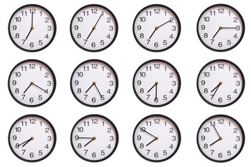 Collection of twelve round wall clocks showing 07:00 to 07:55 or 19:00 to 19:55, isolated on white background. Concept of time management, global time zones, scheduling, and business planning.