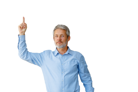 Mature man pointing finger up, showing direction, indicating, selecting concept with blank space