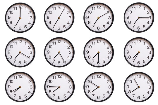Collection of twelve round wall clocks showing 07:00 to 07:55 or 19:00 to 19:55, isolated on white background. Concept of time management, global time zones, scheduling, and business planning.