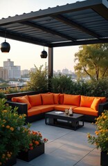 Obraz premium Modern rooftop lounge with pergola offers relaxation. Orange sofa adds contrast to black decor. Cityscape background is good for chill time. Trees plants are good for better recreation.