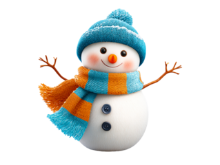 Happy Snowman Wearing a Blue Hat and Orange Scarf