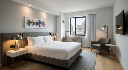 Modern Hotel Bedroom Interior: Comfortable Accommodation with Stylish Design, Natural Light, and Contemporary Art