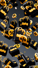 Black Friday 3D illustration featuring black and yellow shopping bags with SALE word and percentage symbols falling on a dark background