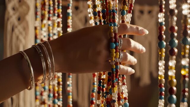 Woman's Hand Touching Strands of Colorful Beads Curtains, Warm Light