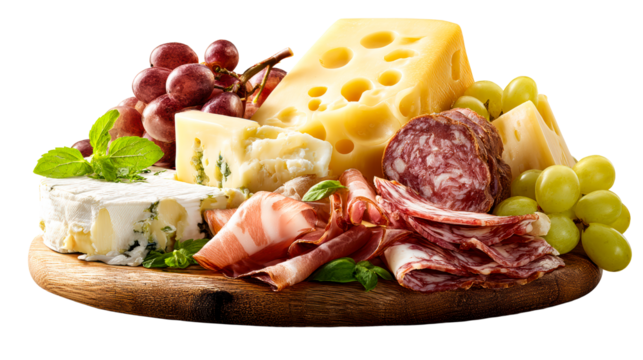 Gourmet cheese and cured meat platter with grapes