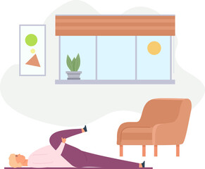 Home exercises. People meditate, do yoga, sport and fitness indoor. Active men and women workout on exercise bike and treadmill vector set