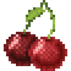 Fototapeta premium Pixel Art Cherries with Green Stem and Leaf on Transparent Background